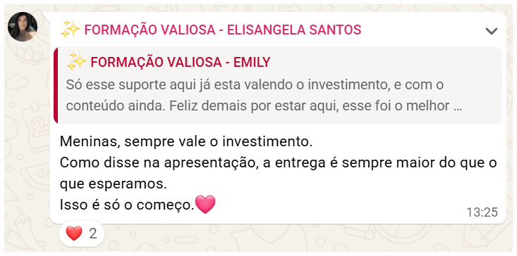 Feedback de Elisangela Santos sobre a entrega da Formação