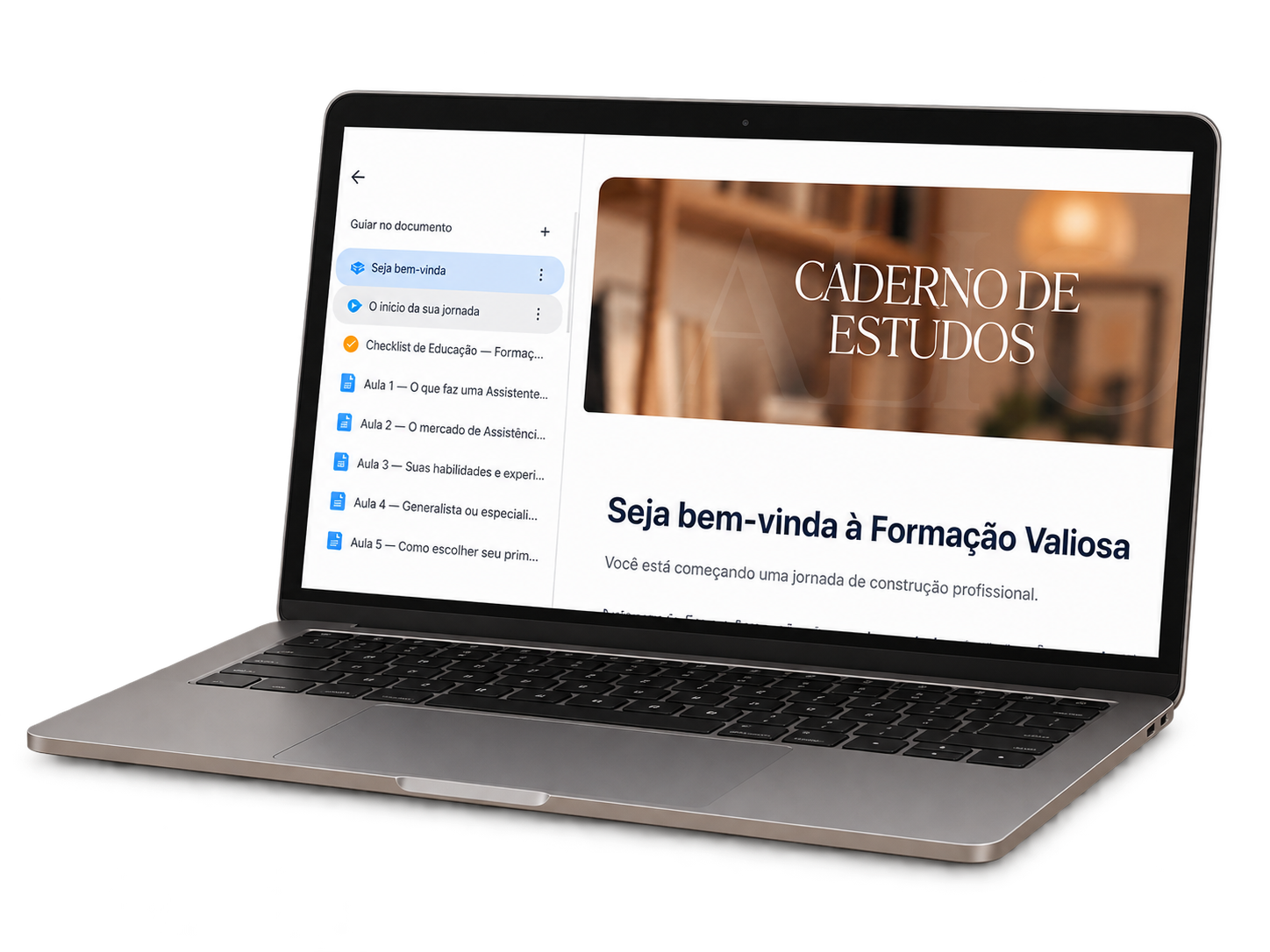 Notebook com a tela real do Caderno de Estudos Valiosa